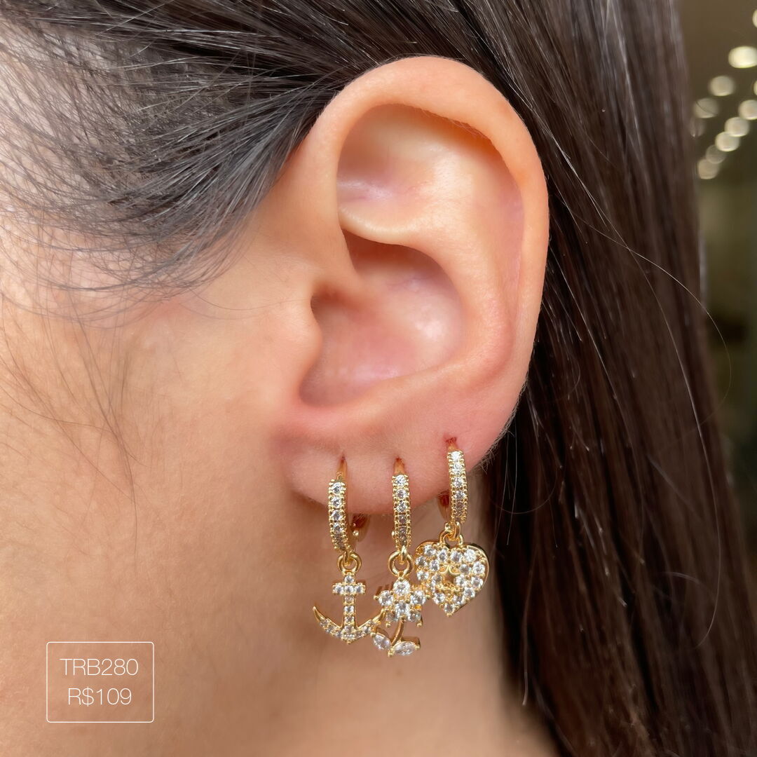 Trio Argola Coração + Flor + Âncora Cravejado Cristal Dourado